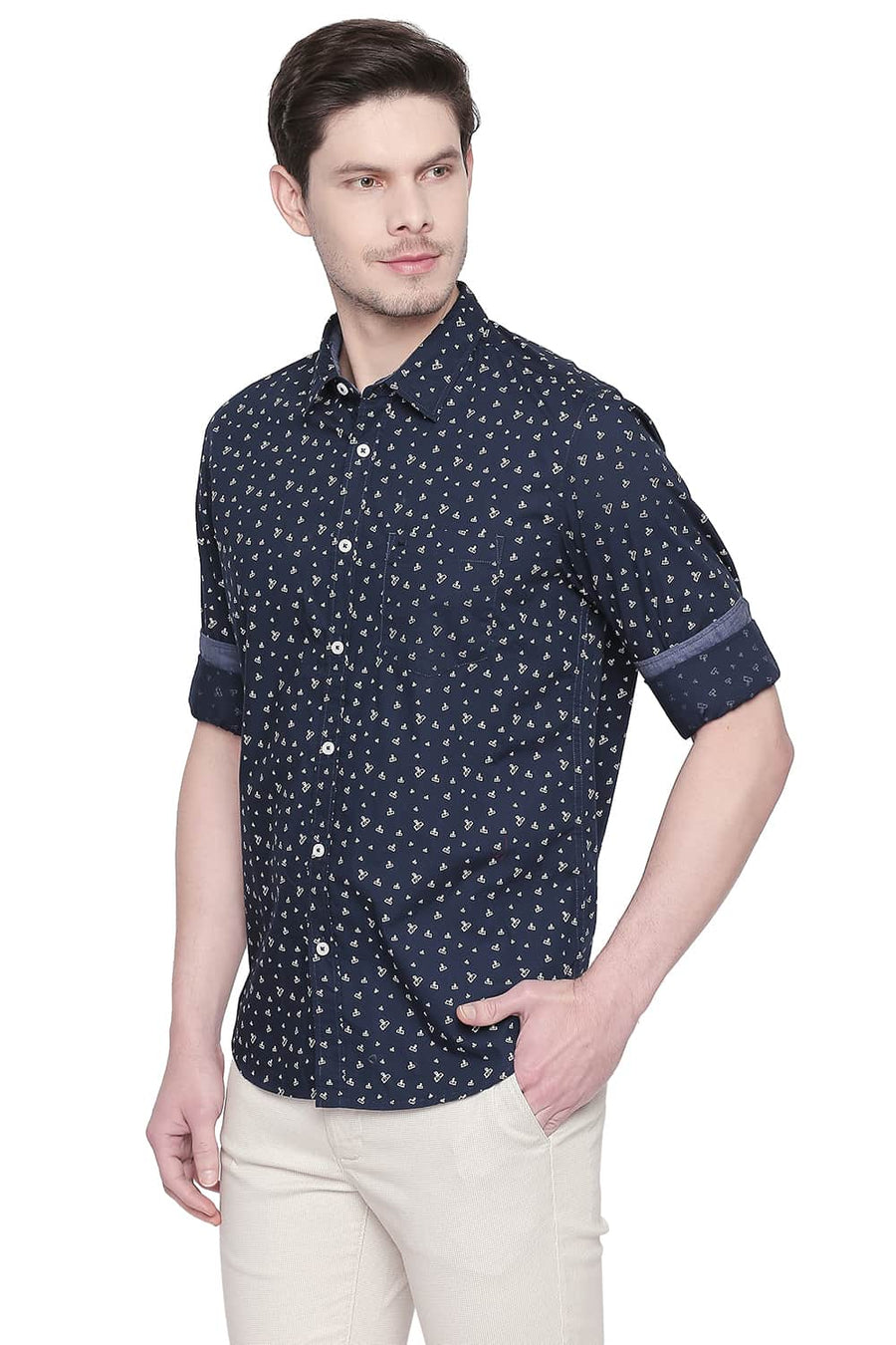 BASICS SLIM FIT MAJOLICA NAVY PRINTED SHIRT