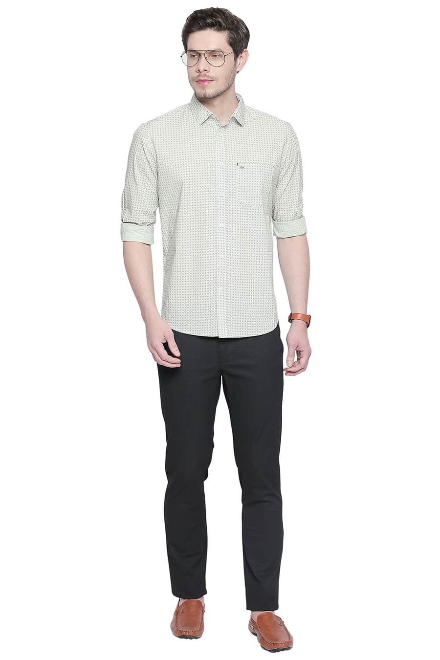 BASICS SLIM FIT PHANTOM GREEN PRINTED SHIRT