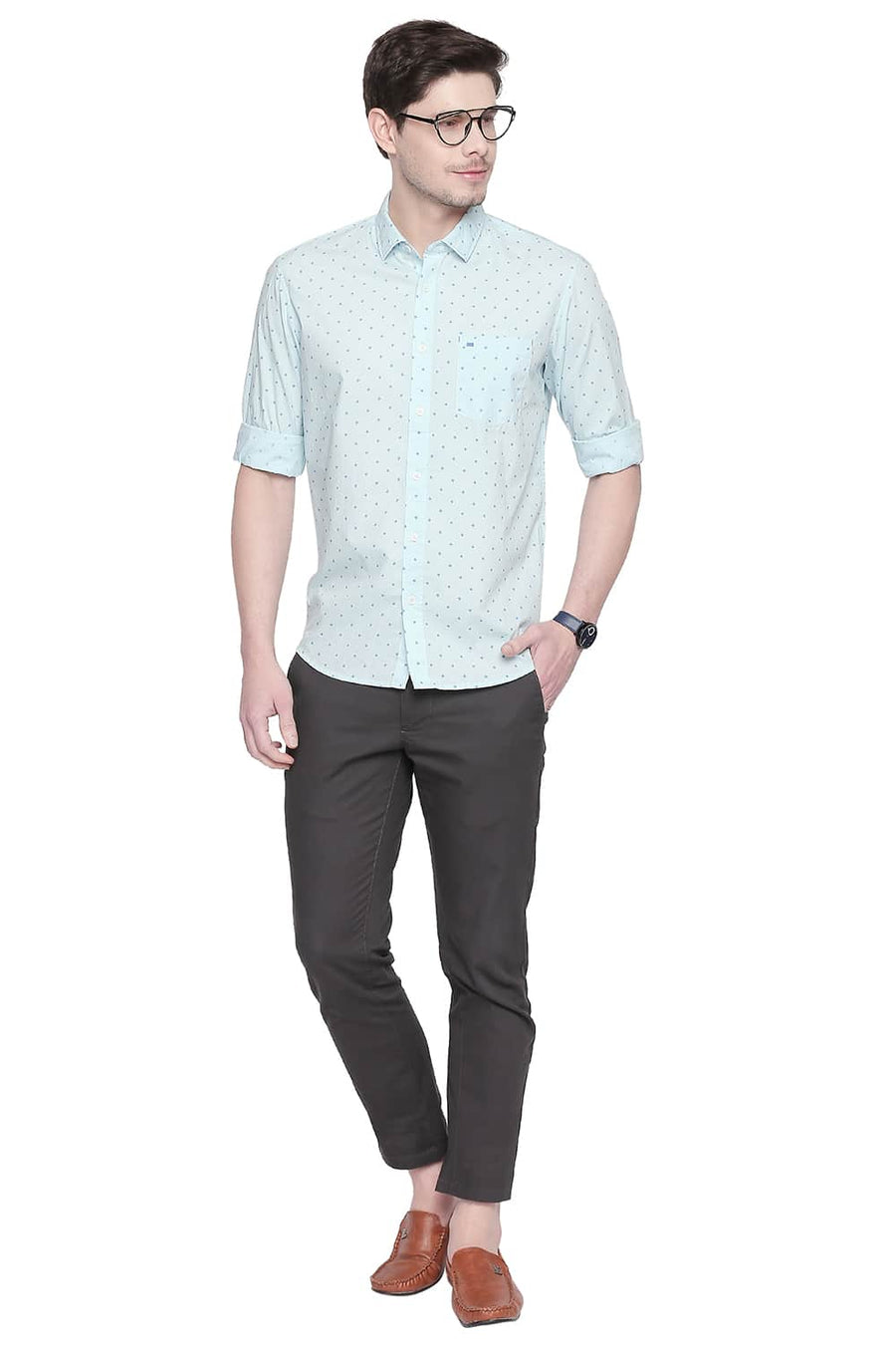 BASICS SLIM FIT SKY BLUE PRINTED SHIRT