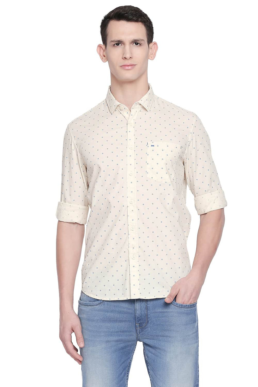 BASICS SLIM FIT ALMOND YELLOW PRINTED SHIRT