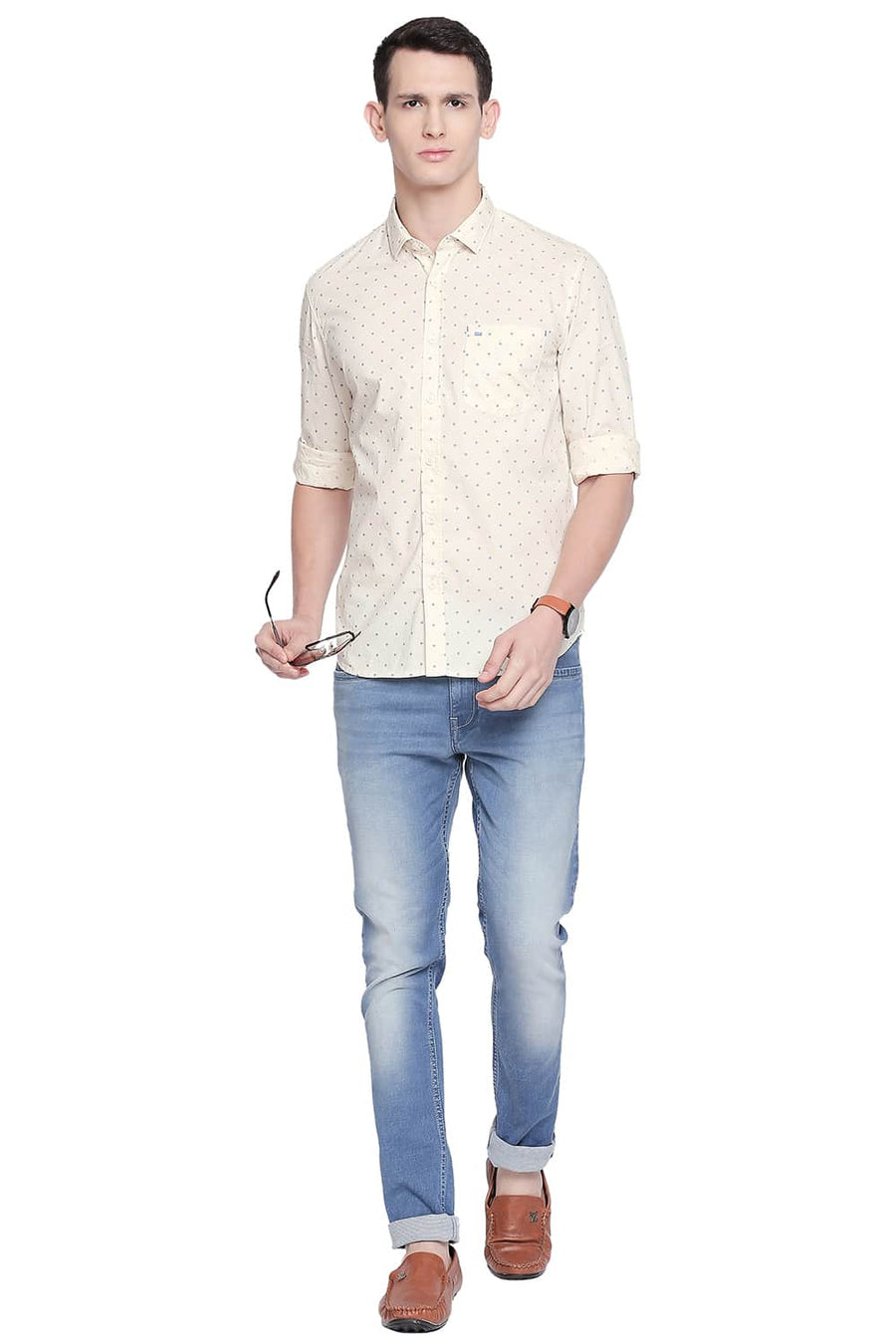 BASICS SLIM FIT ALMOND YELLOW PRINTED SHIRT