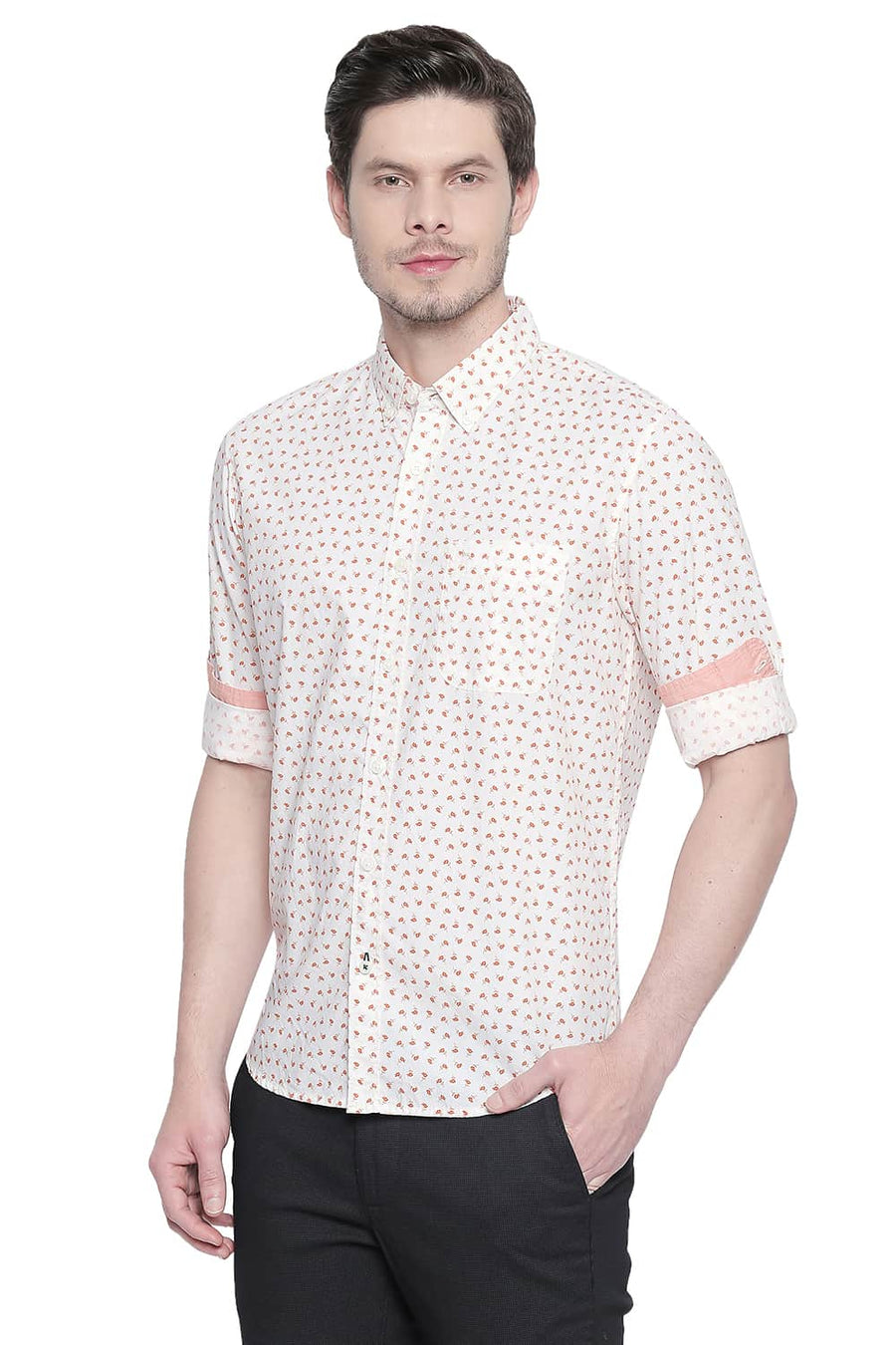 BASICS SLIM FIT CORAL ORANGE PRINTED SHIRT