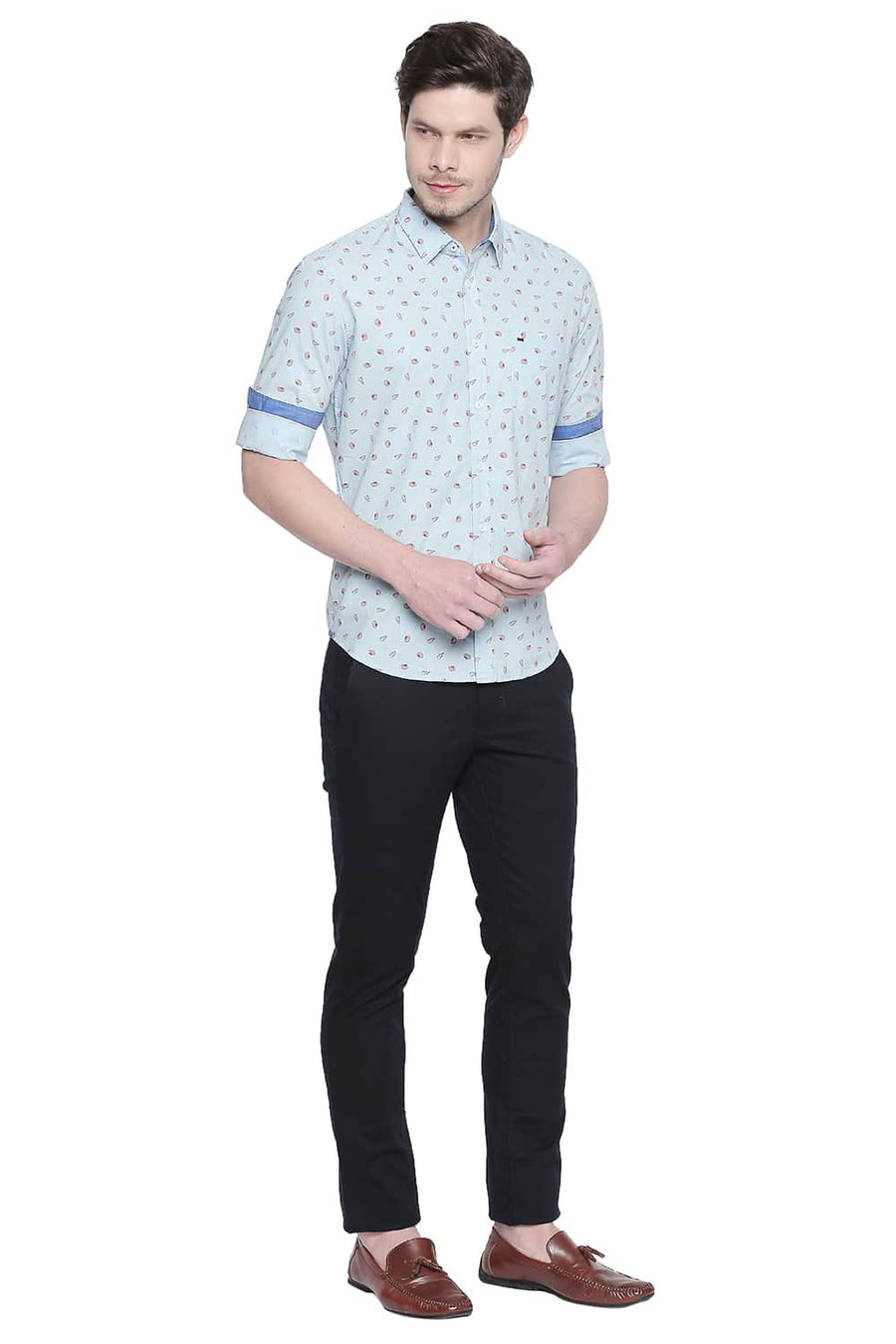 BASICS SLIM FIT ANGEL FALLS BLUE POPLIN PRINTED SHIRT