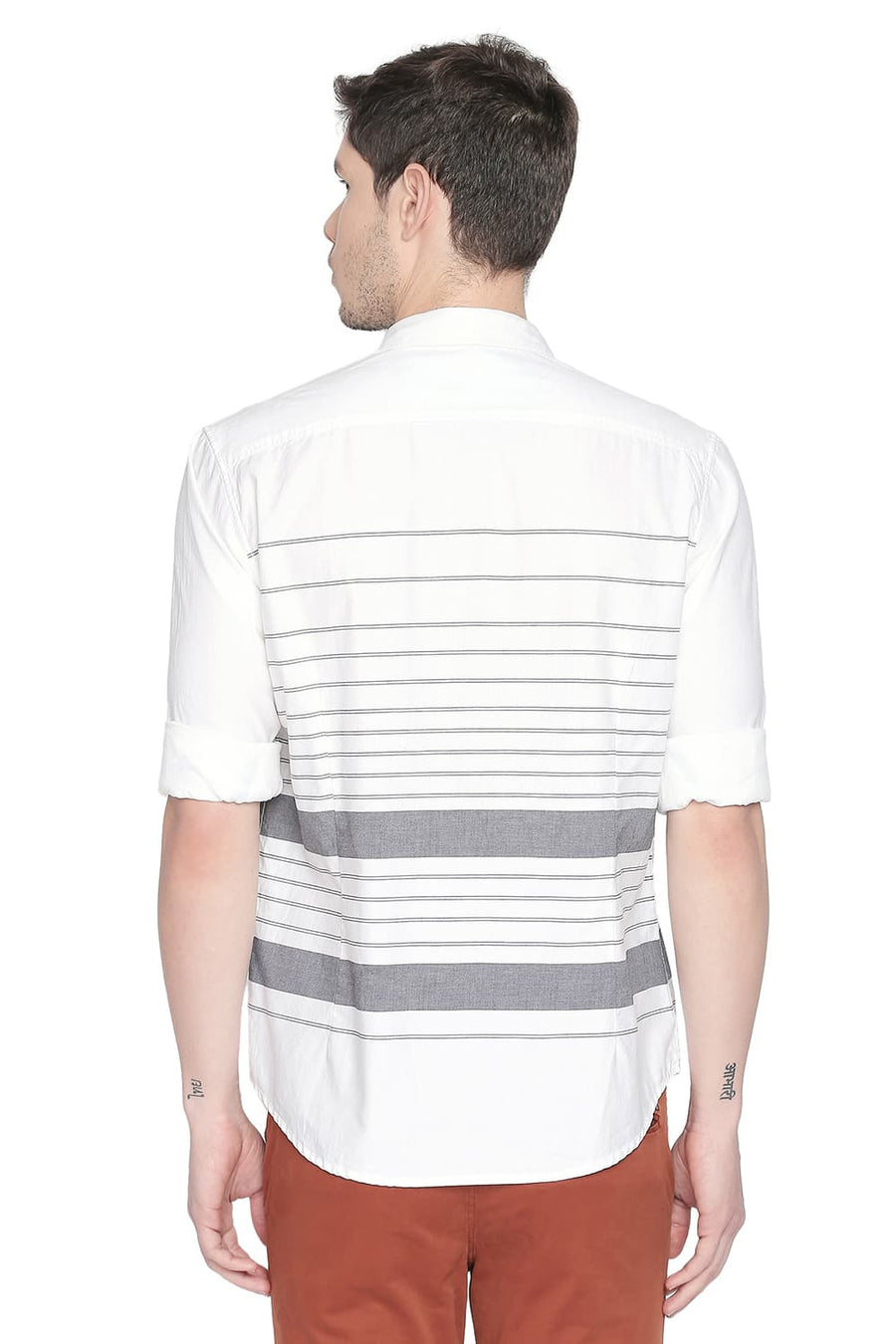 BASICS SLIM FIT BLANC WHITE ENGINEERED STRIPES SHIRT