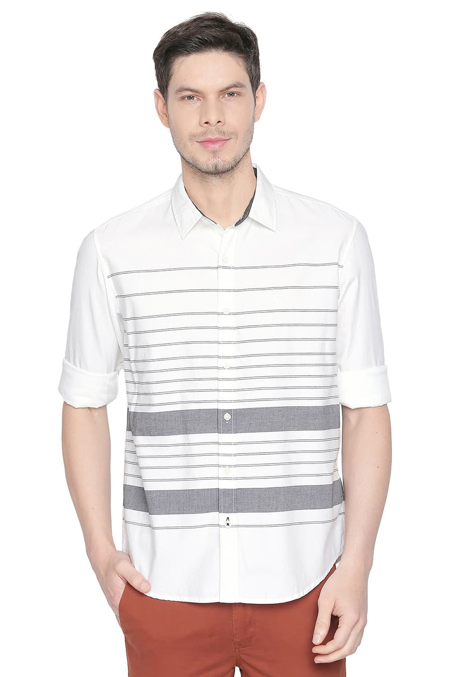BASICS SLIM FIT BLANC WHITE ENGINEERED STRIPES SHIRT
