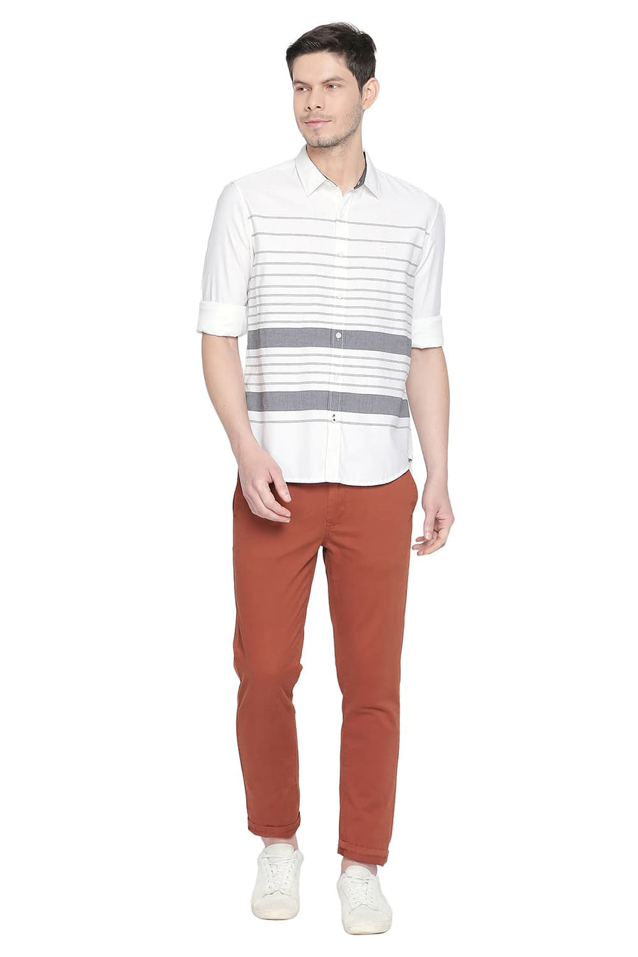 BASICS SLIM FIT BLANC WHITE ENGINEERED STRIPES SHIRT