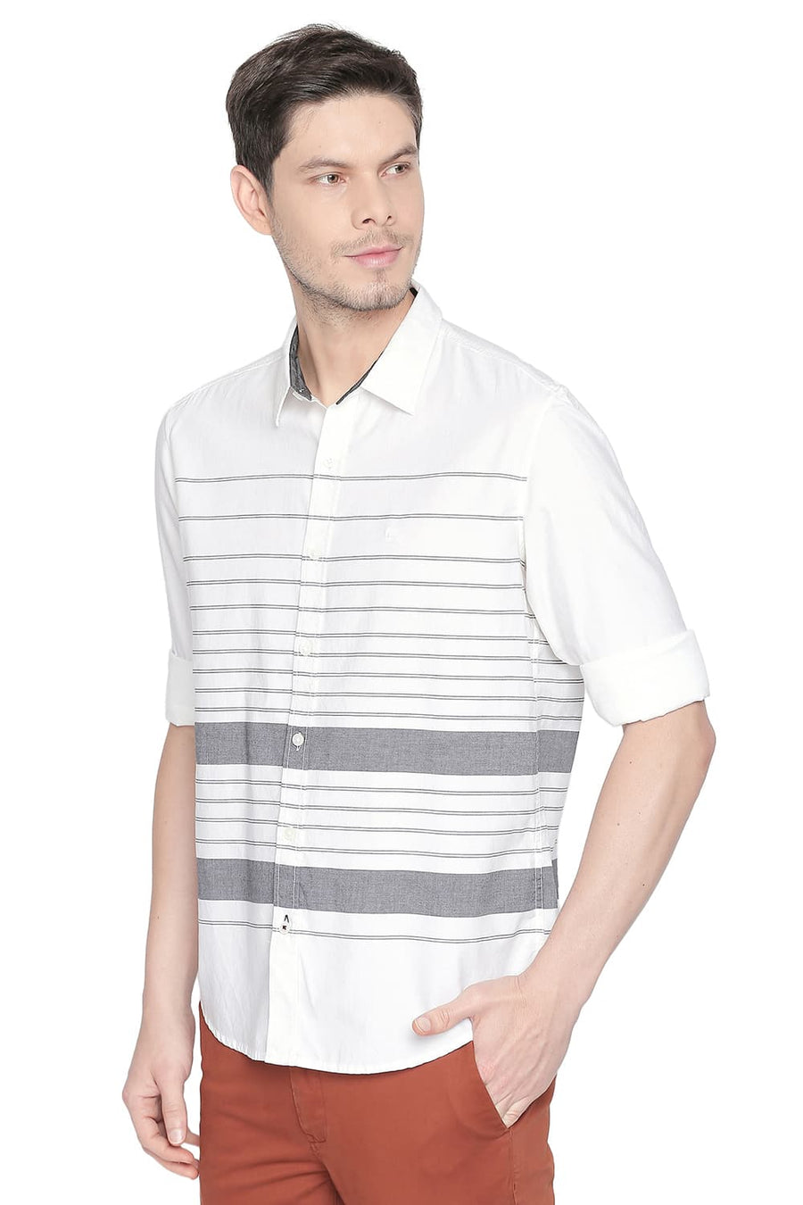 BASICS SLIM FIT BLANC WHITE ENGINEERED STRIPES SHIRT