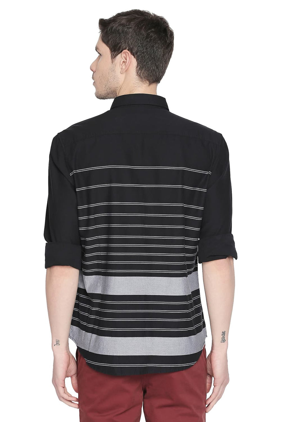 BASICS SLIM FIT ANTHRACITE BLACK ENGINEERED STRIPES SHIRT