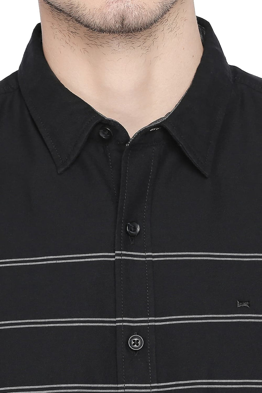 BASICS SLIM FIT ANTHRACITE BLACK ENGINEERED STRIPES SHIRT