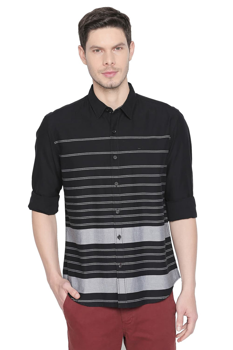 BASICS SLIM FIT ANTHRACITE BLACK ENGINEERED STRIPES SHIRT
