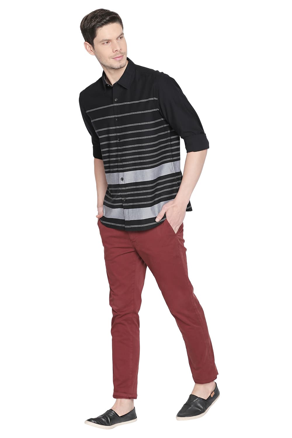 BASICS SLIM FIT ENGINEERED STRIPES SHIRT