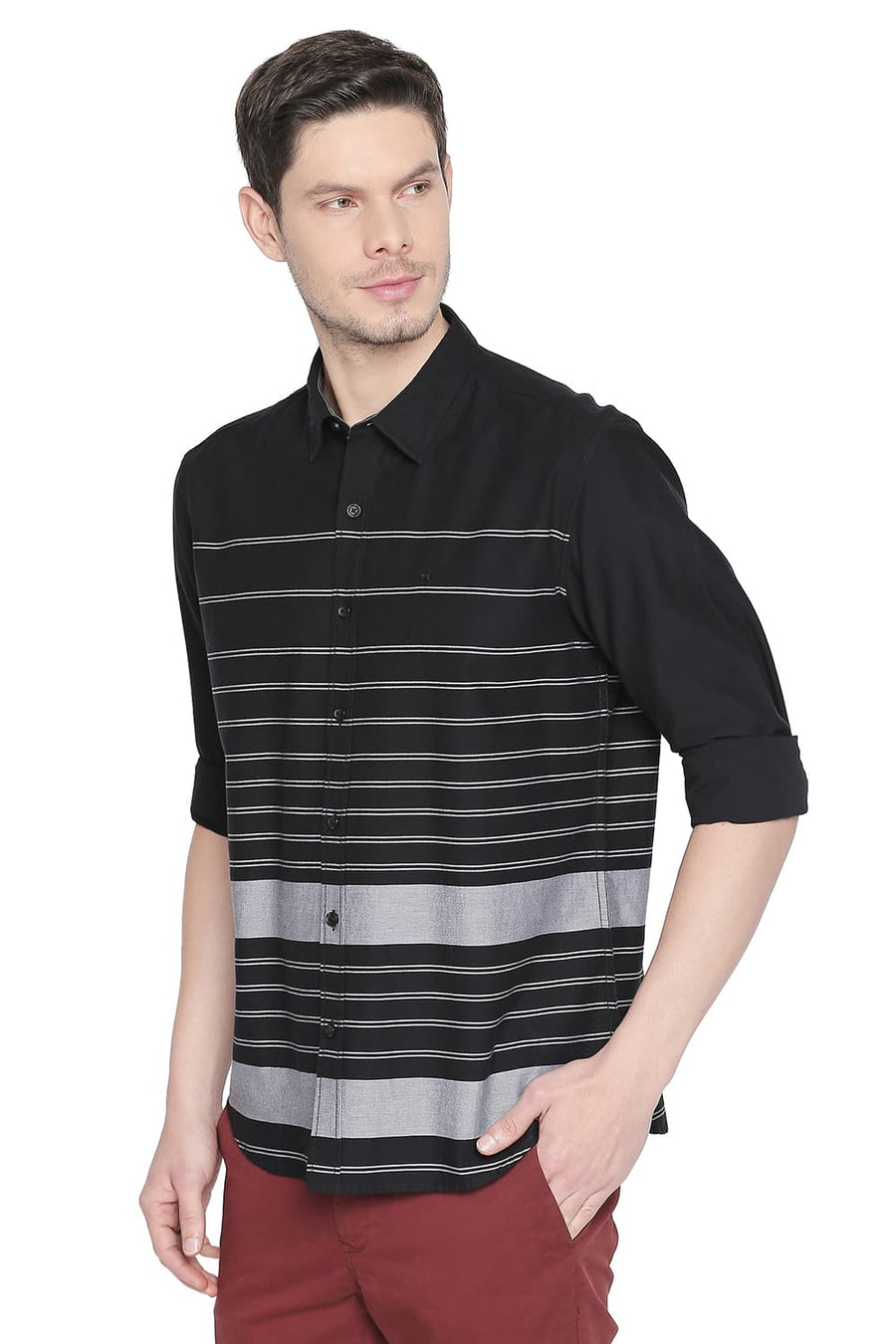BASICS SLIM FIT ANTHRACITE BLACK ENGINEERED STRIPES SHIRT