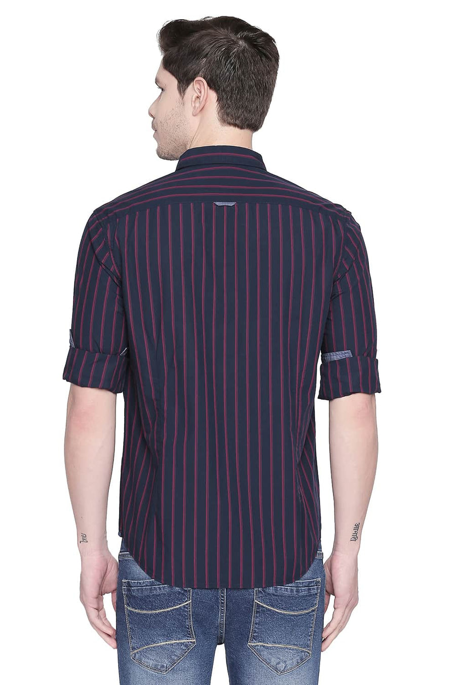 BASICS SLIM FIT DARK NAVY STRIPES SHIRT