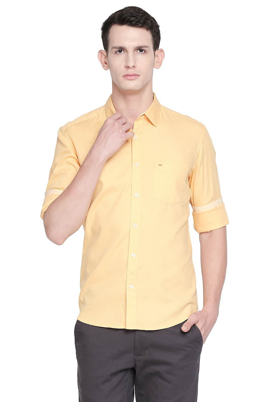 BASICS SLIM FIT CREAM YELLOW DOBBY SHIRT
