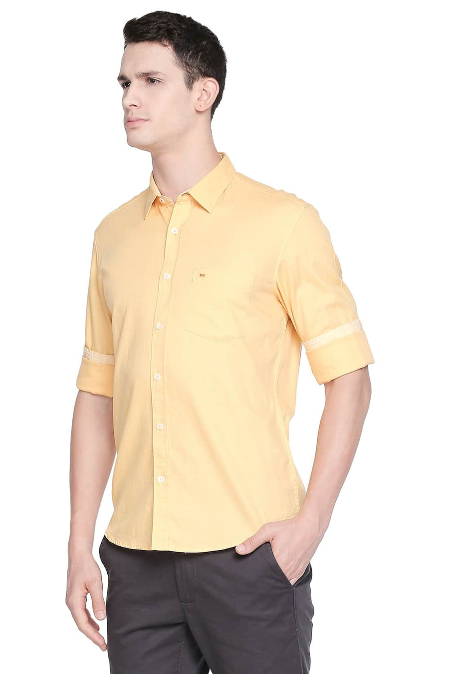BASICS SLIM FIT CREAM YELLOW DOBBY SHIRT
