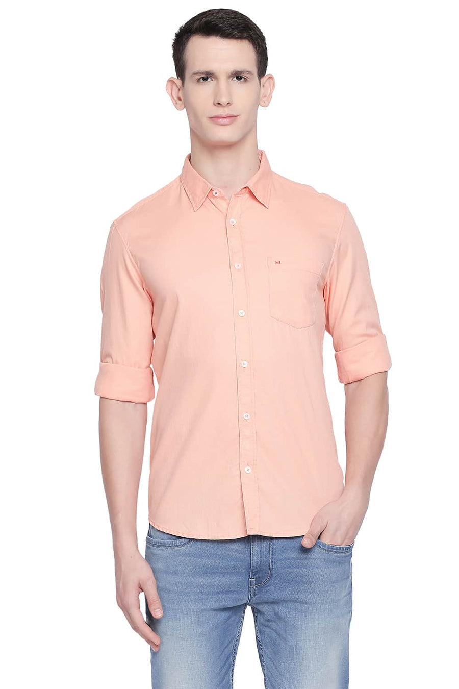 BASICS SLIM FIT CANTELOUPE ORANGE DOBBY SHIRT
