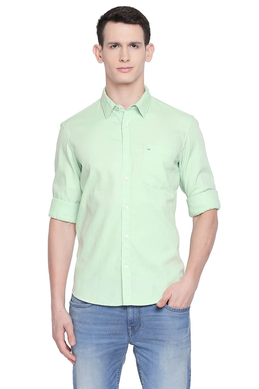 BASICS SLIM FIT PATINA GREEN DOBBY SHIRT