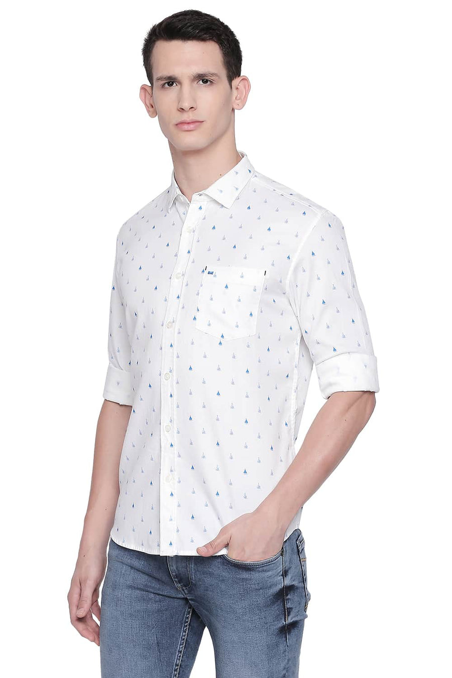 BASICS SLIM FIT BLUE ASTER PRINTED DOBBY SHIRT