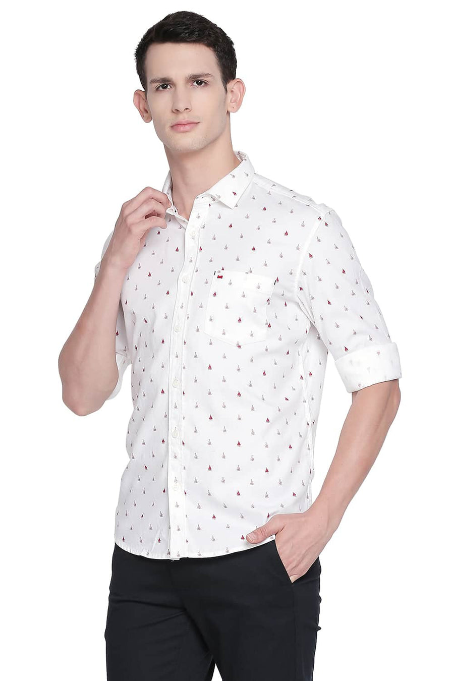 BASICS SLIM FIT SAMBA RED PRINTED DOBBY SHIRT