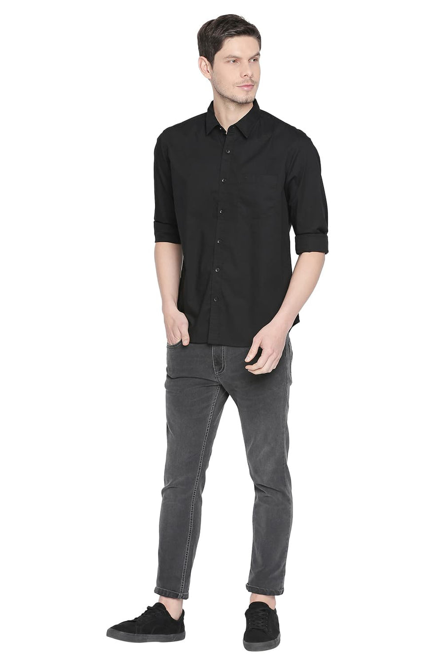 BASICS SLIM FIT JET BLACK STRETCH SHIRT