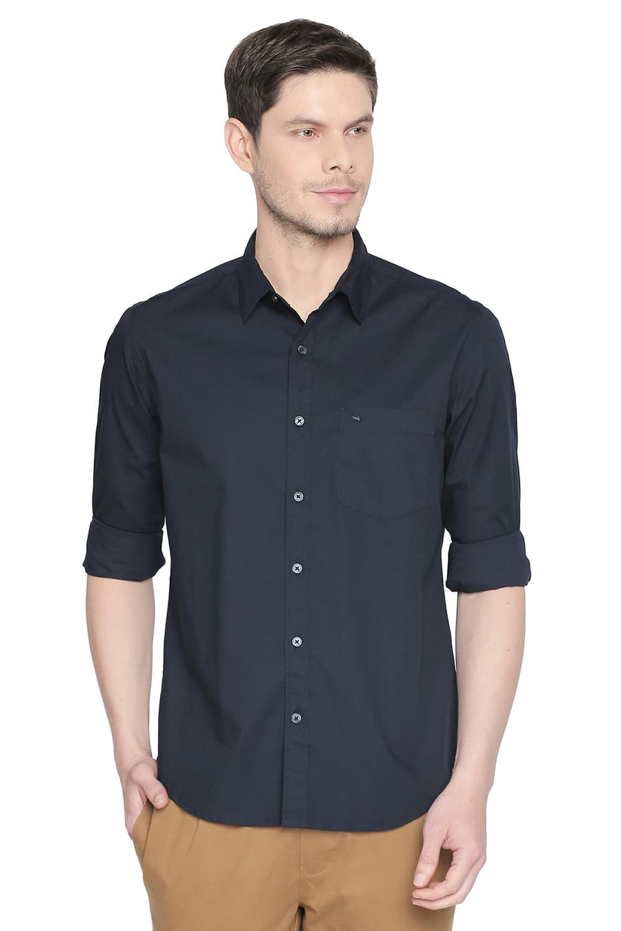 BASICS SLIM FIT SALUTE NAVY STRETCH SHIRT