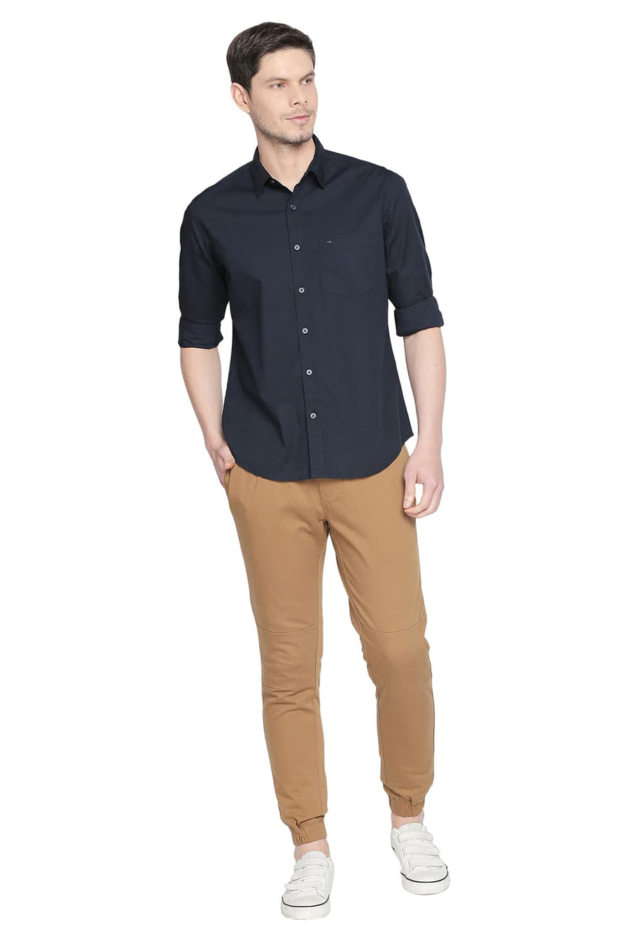 BASICS SLIM FIT SALUTE NAVY STRETCH SHIRT