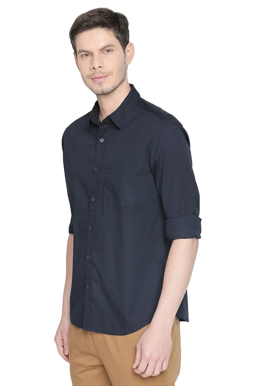 BASICS SLIM FIT SALUTE NAVY STRETCH SHIRT