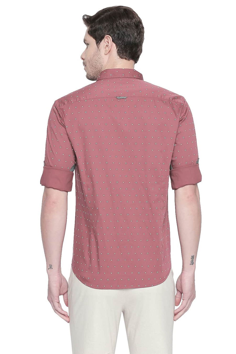 BASICS SLIM FIT CLARET MAROON TWILL PRINTED SHIRT