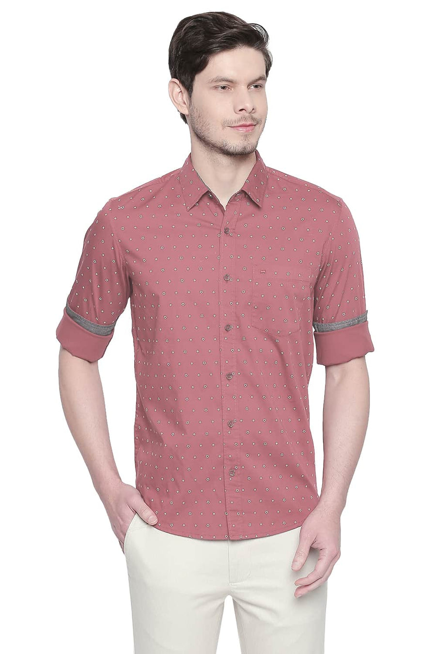 BASICS SLIM FIT CLARET MAROON TWILL PRINTED SHIRT