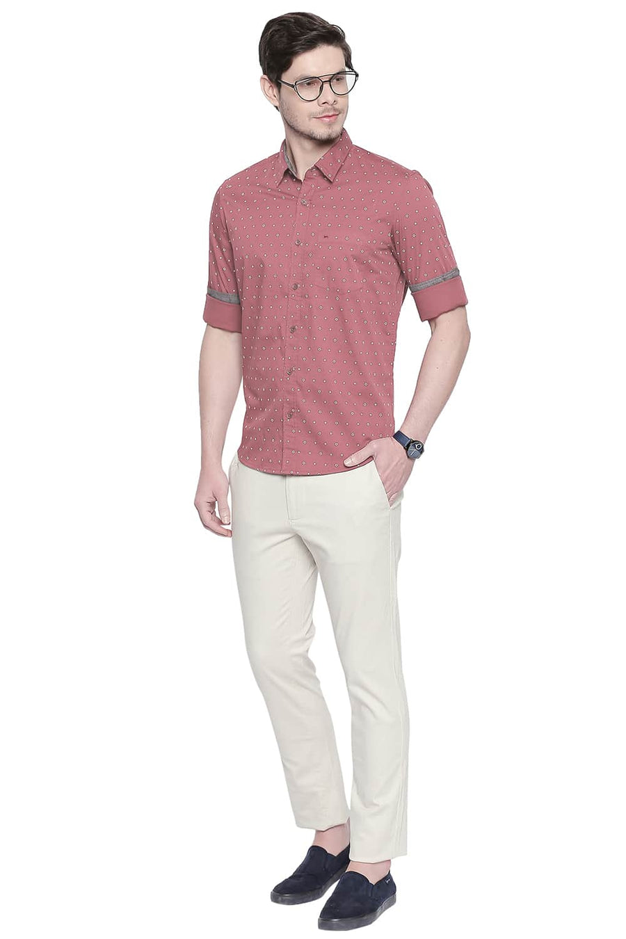 BASICS SLIM FIT CLARET MAROON TWILL PRINTED SHIRT