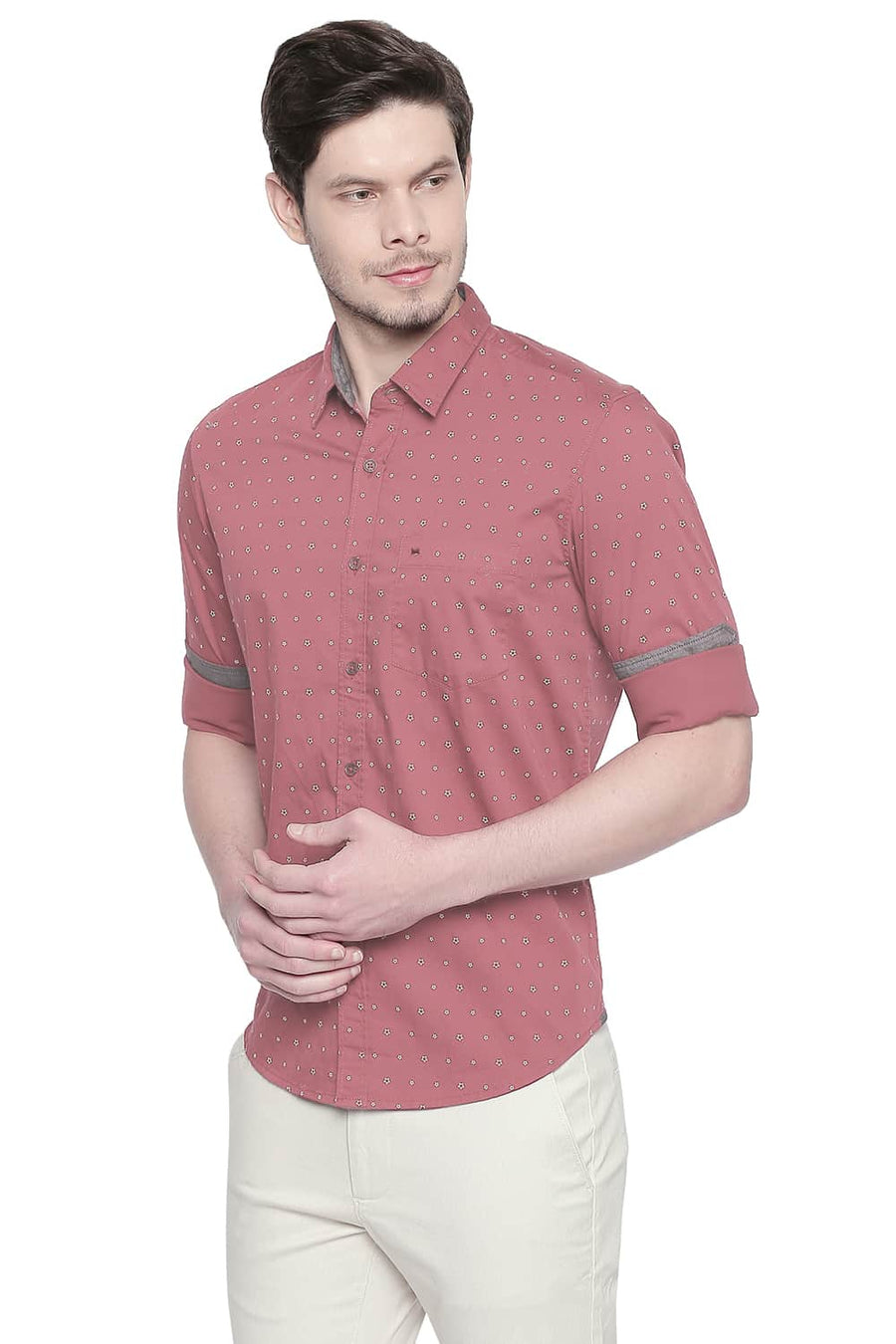 BASICS SLIM FIT CLARET MAROON TWILL PRINTED SHIRT
