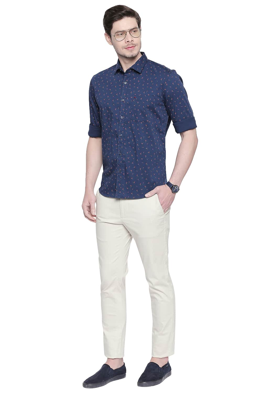 BASICS SLIM FIT PRINTED STRETCH SHIRT