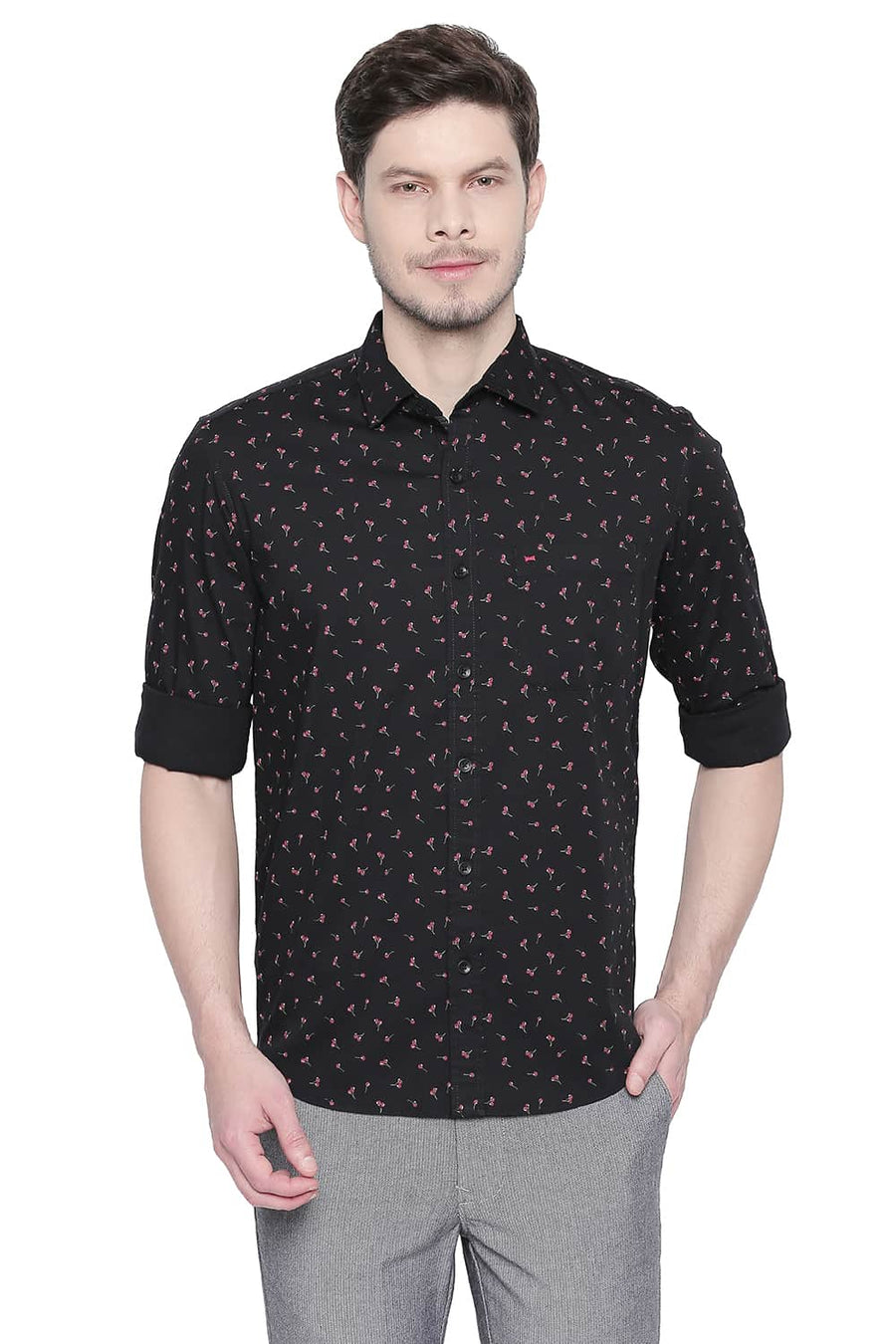 BASICS SLIM FIT STRETCH LIMO PRINTED STRETCH SHIRT