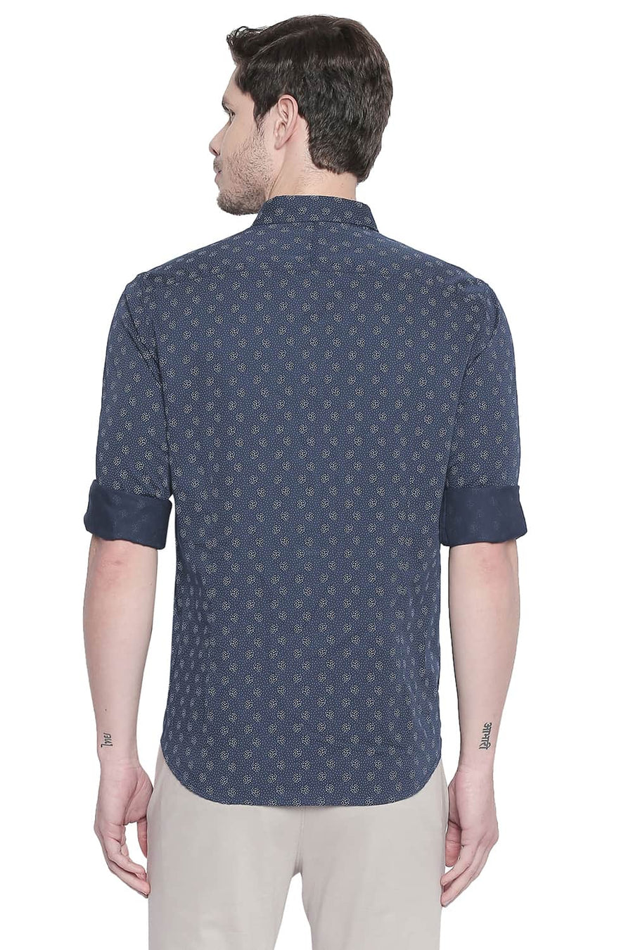 BASICS SLIM FIT MAJOLICA NAVY SATIN PRINTED SHIRT