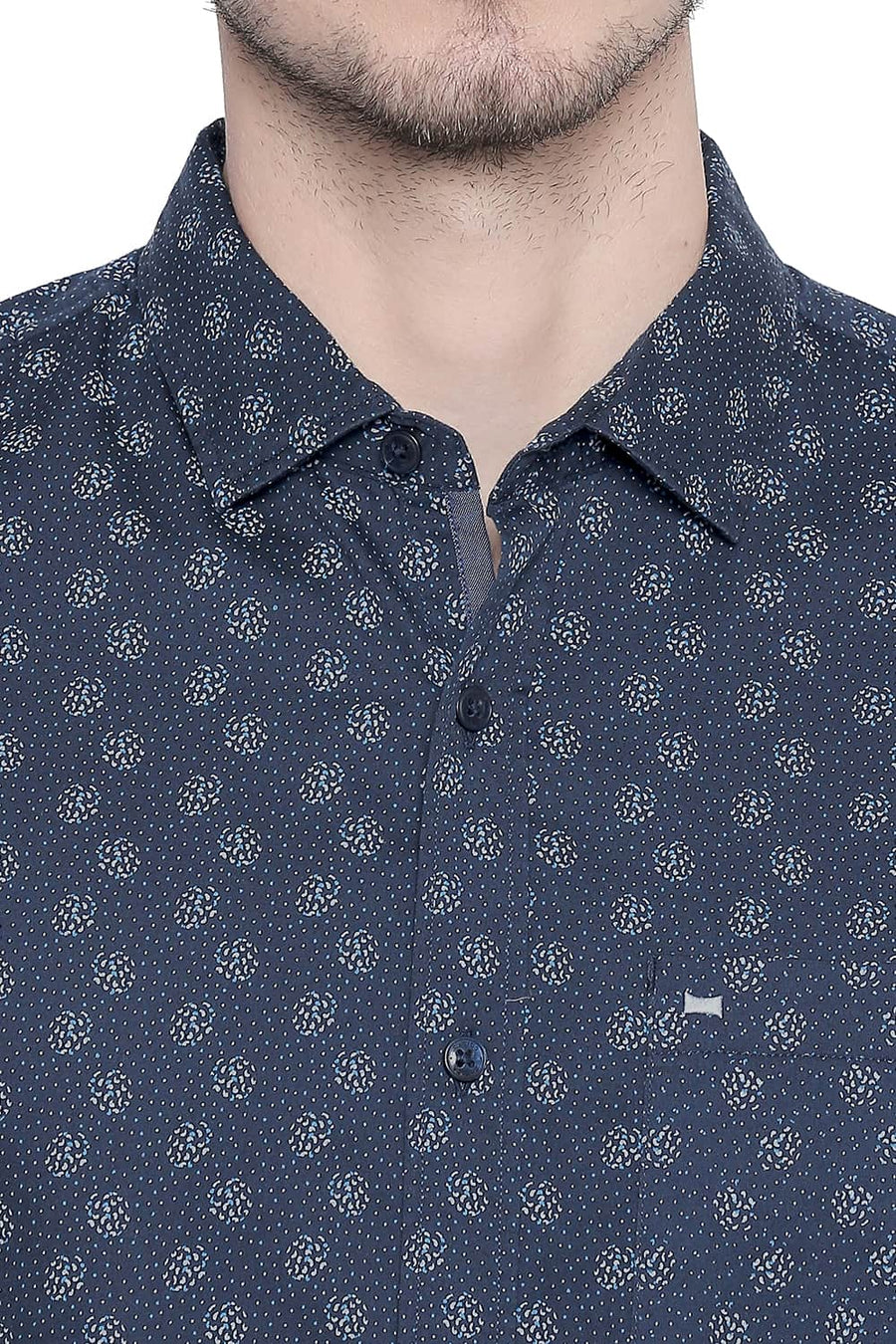 BASICS SLIM FIT MAJOLICA NAVY SATIN PRINTED SHIRT