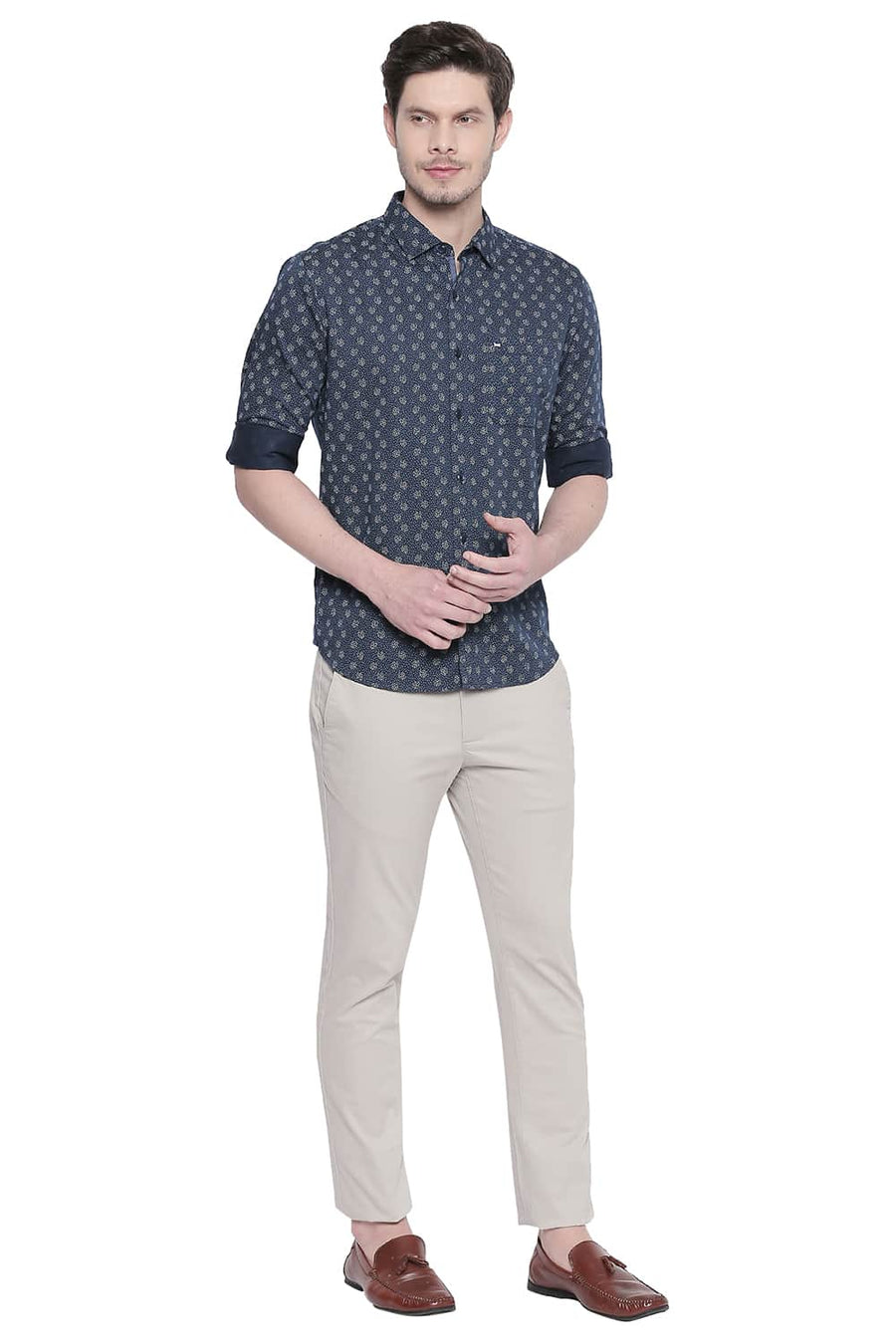 BASICS SLIM FIT MAJOLICA NAVY SATIN PRINTED SHIRT