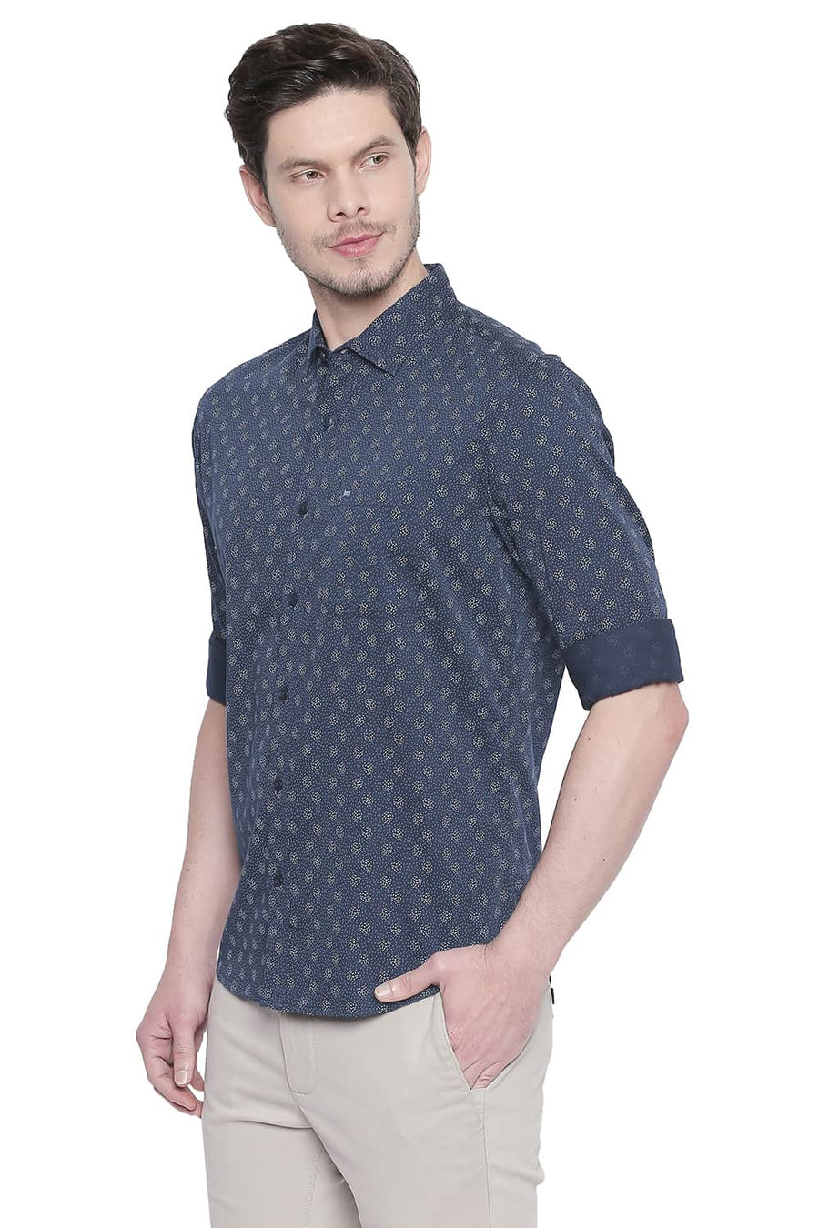 BASICS SLIM FIT MAJOLICA NAVY SATIN PRINTED SHIRT