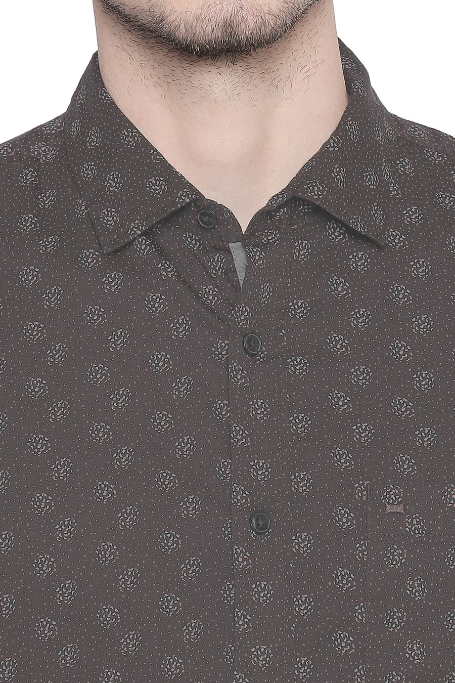 BASICS SLIM FIT DEMITASSE BROWN SATIN PRINTED SHIRT