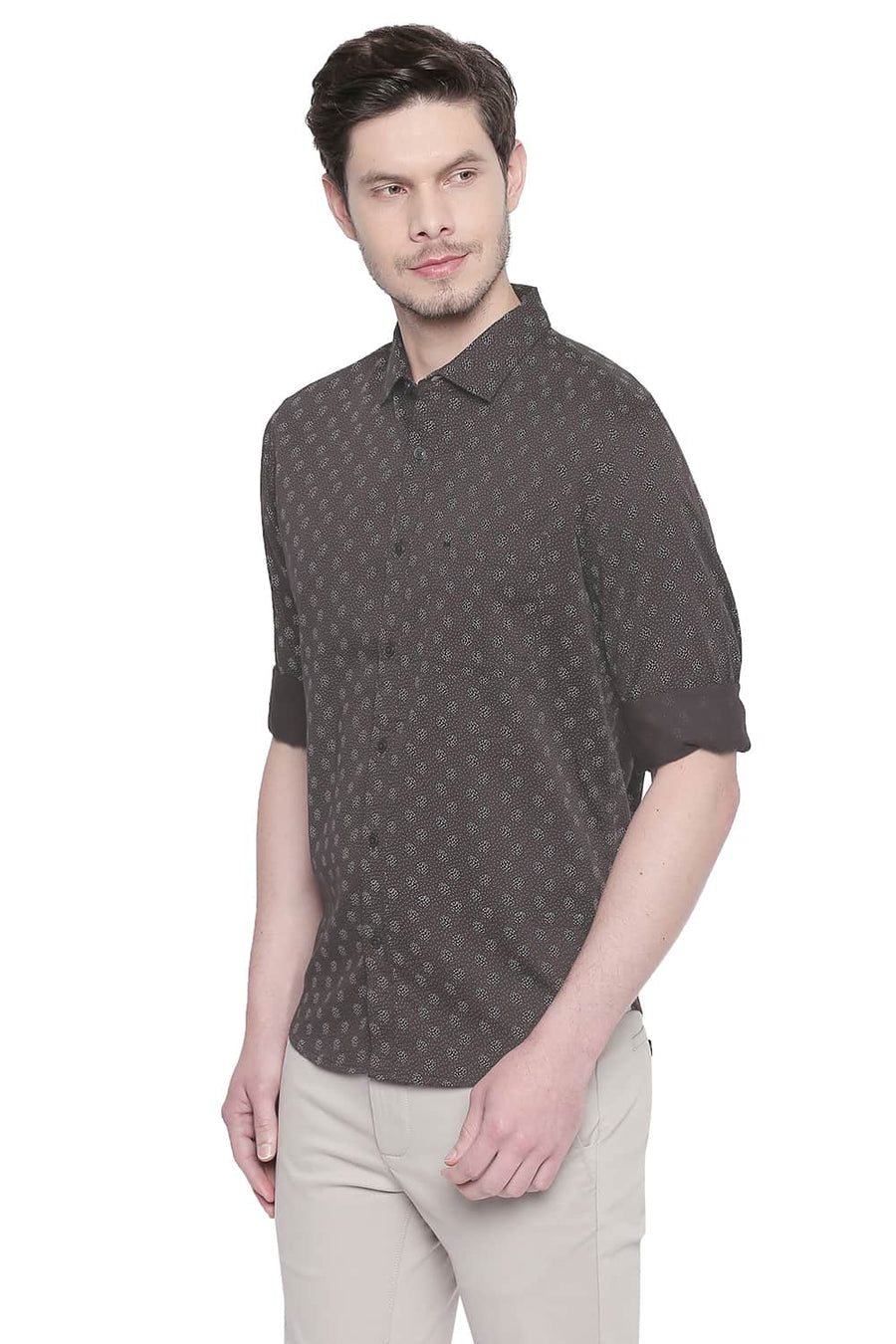BASICS SLIM FIT DEMITASSE BROWN SATIN PRINTED SHIRT