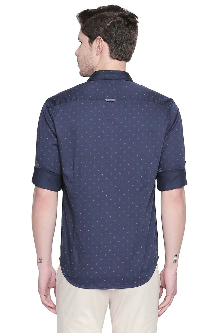 BASICS SLIM FIT MOOD NAVY SATIN PRINTED SHIRT