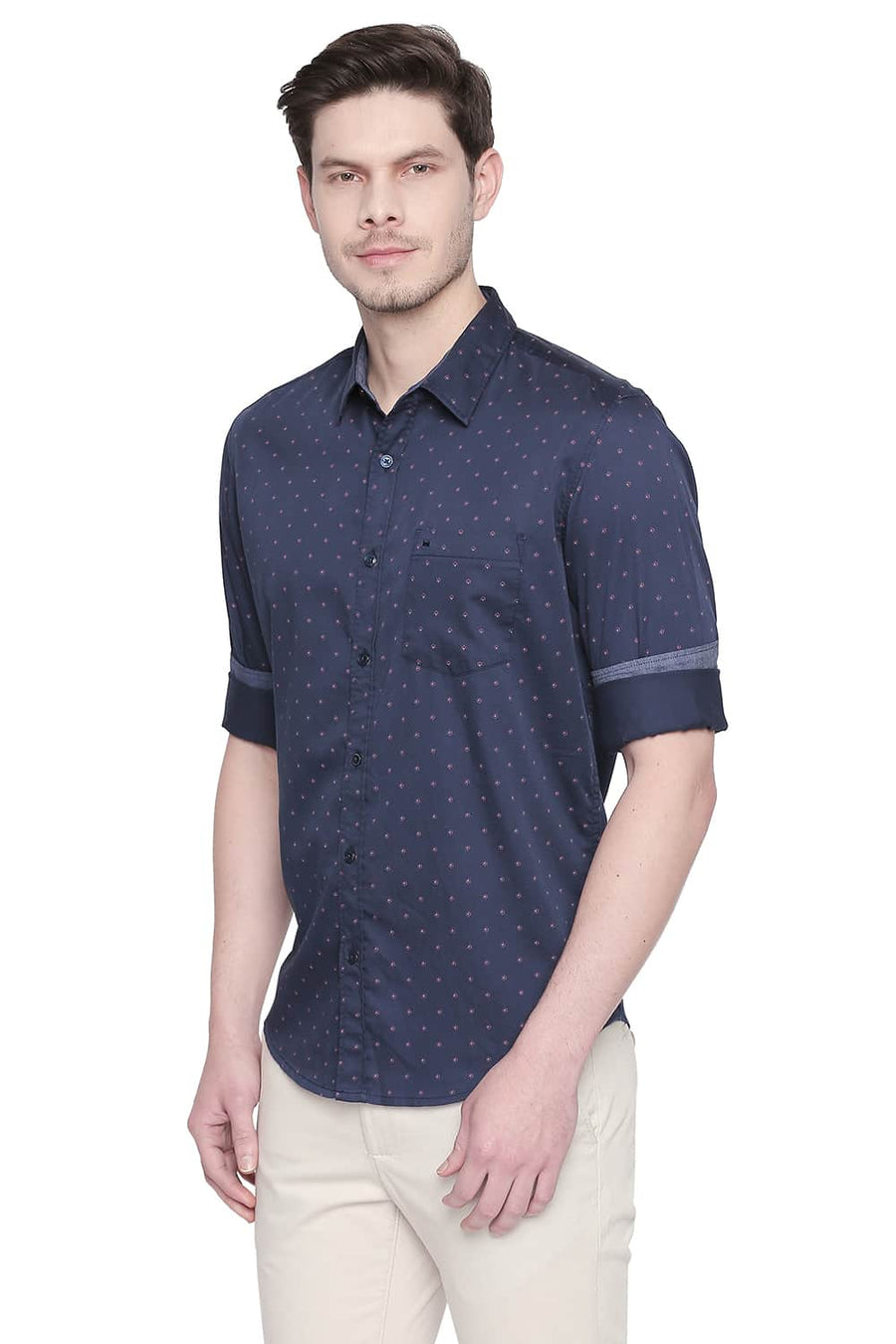 BASICS SLIM FIT MOOD NAVY SATIN PRINTED SHIRT