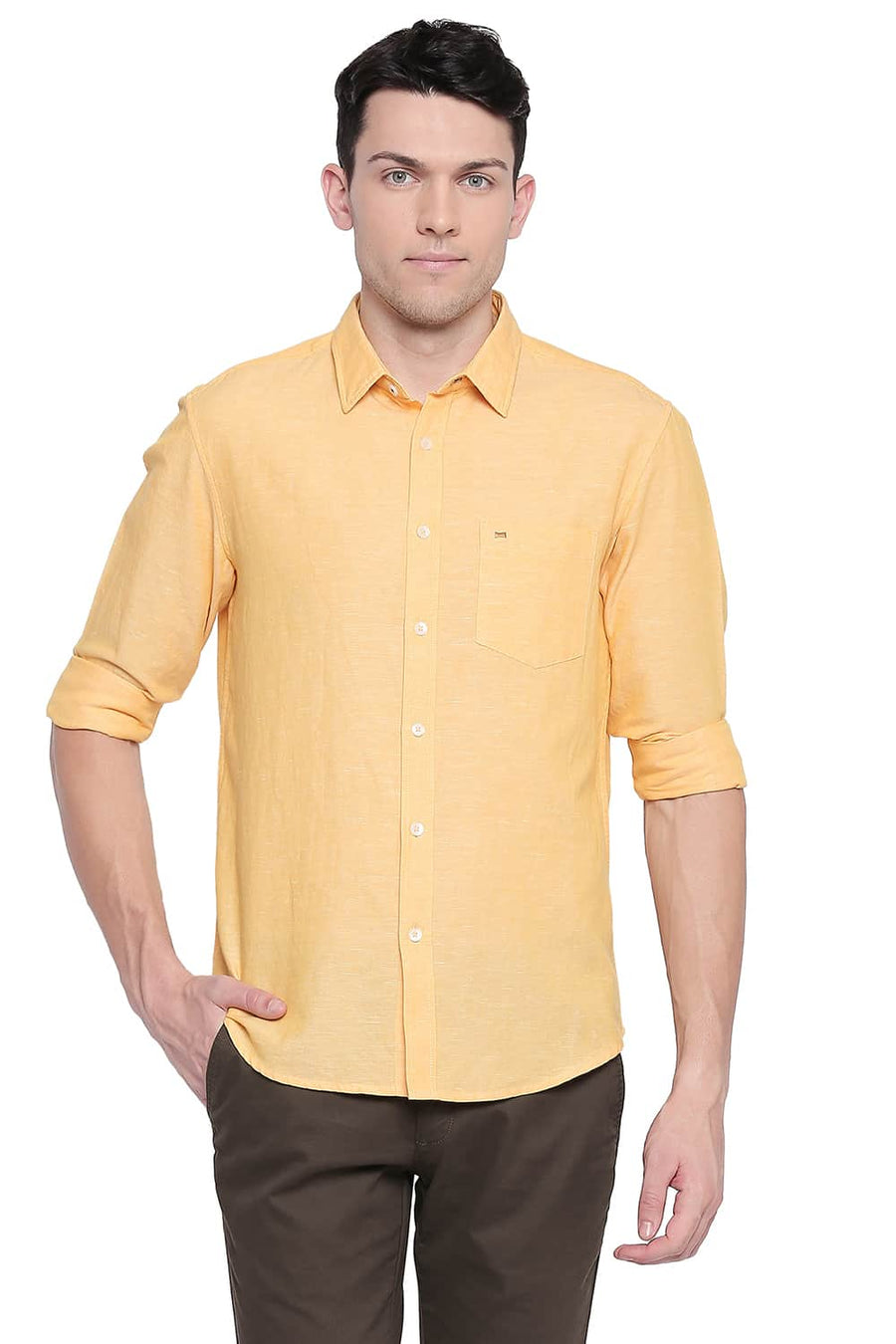 BASICS SLIM FIT DAFFODIL YELLOW COTTON LINEN SHIRT