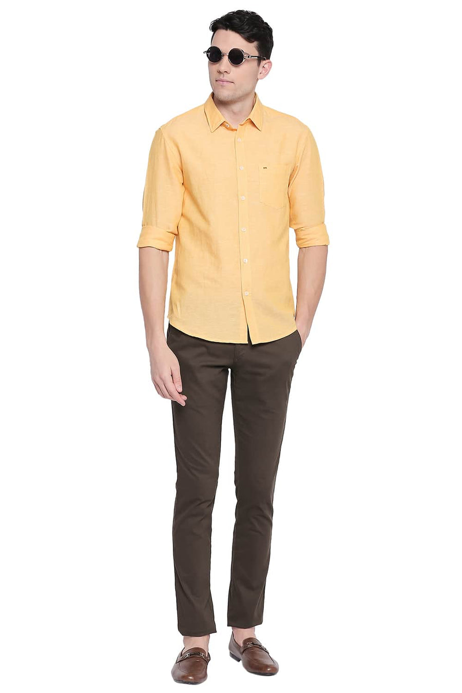 BASICS SLIM FIT DAFFODIL YELLOW COTTON LINEN SHIRT