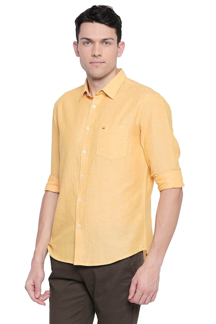 BASICS SLIM FIT DAFFODIL YELLOW COTTON LINEN SHIRT