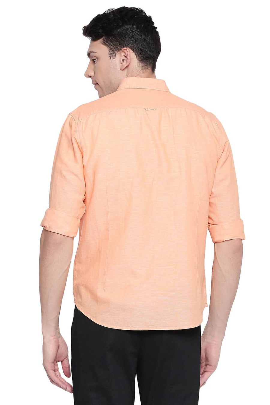 BASICS SLIM FIT MUSKMELON ORANGE COTTON LINEN SHIRT