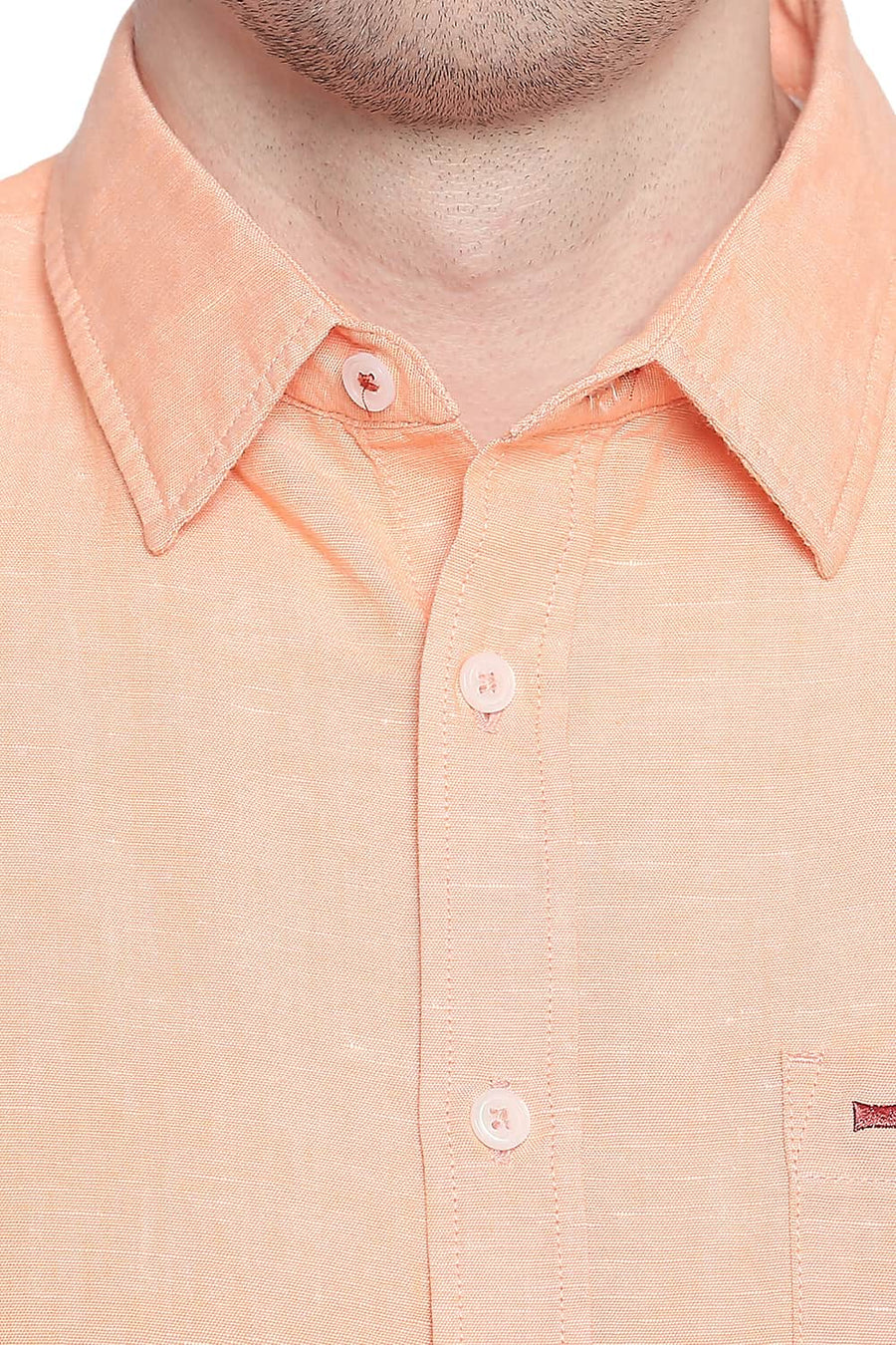 BASICS SLIM FIT MUSKMELON ORANGE COTTON LINEN SHIRT