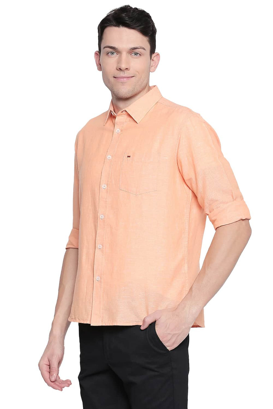 BASICS SLIM FIT MUSKMELON ORANGE COTTON LINEN SHIRT
