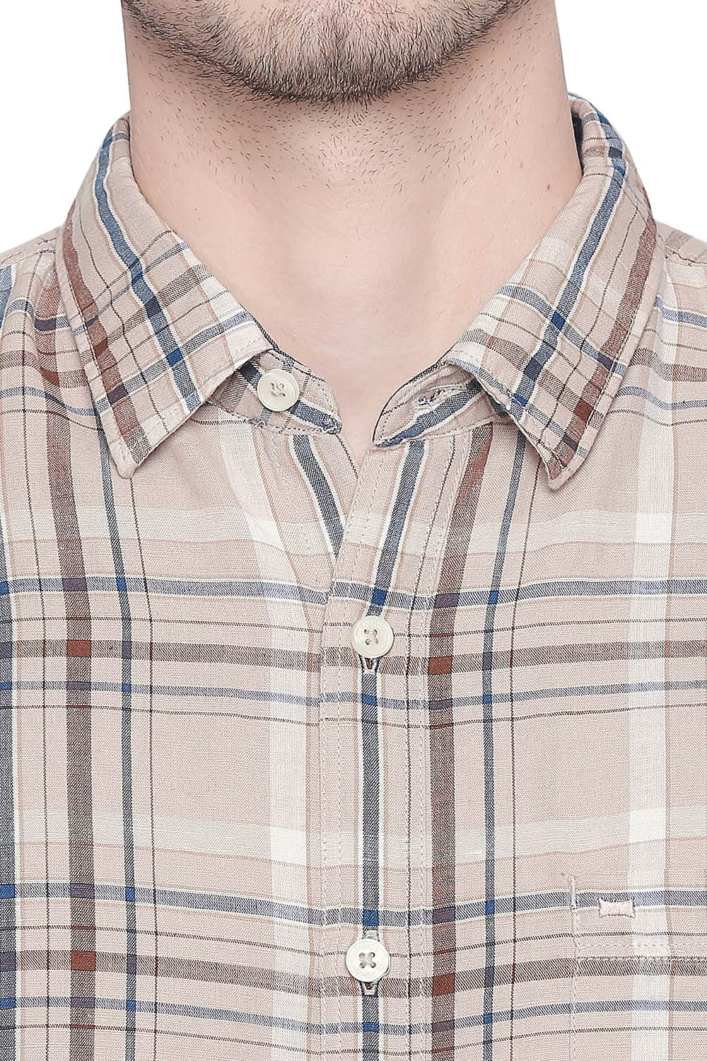 BASICS SLIM FIT COTTON LINEN CHECKS SHIRT