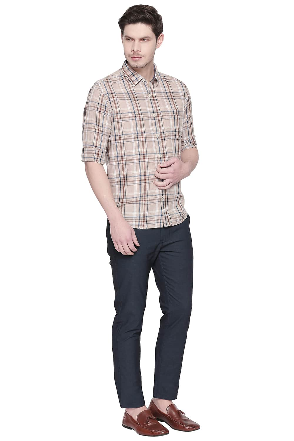 BASICS SLIM FIT COTTON LINEN CHECKS SHIRT