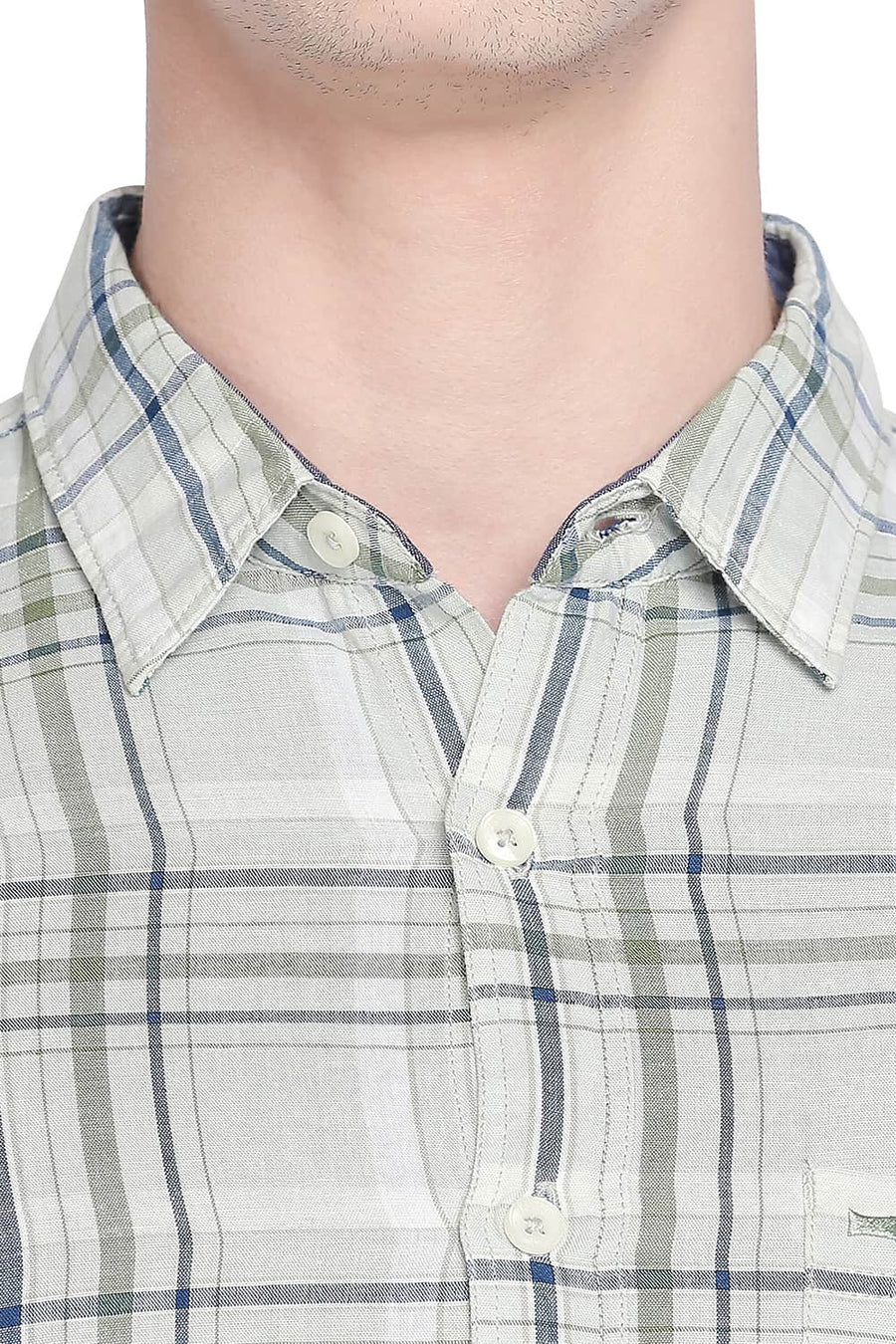 BASICS SLIM FIT SUBTLE GREEN COTTON LINEN CHECKS SHIRT